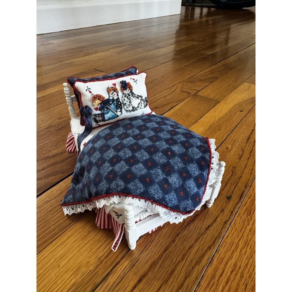 Handmade Miniature Dollhouse Spindle Bed Quilt Needlepoint Pillow Raggedy Ann